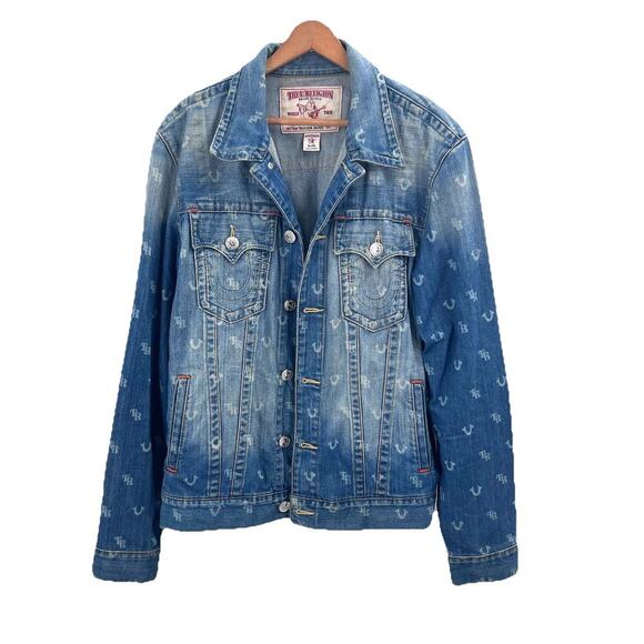 True Religion Monogram Blue Denim Trucker Jacket Mens Size XL - Picture 1 of 13